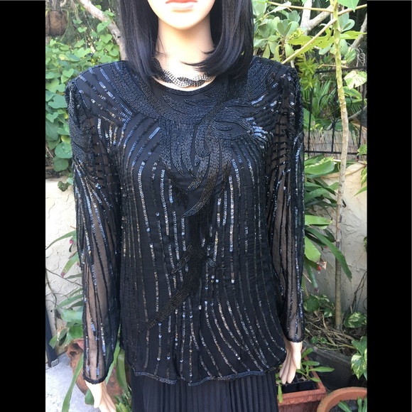 VINTAGE JALM BLACK SEQUIN BLOUSE -LARGE - Picture 1 of 6